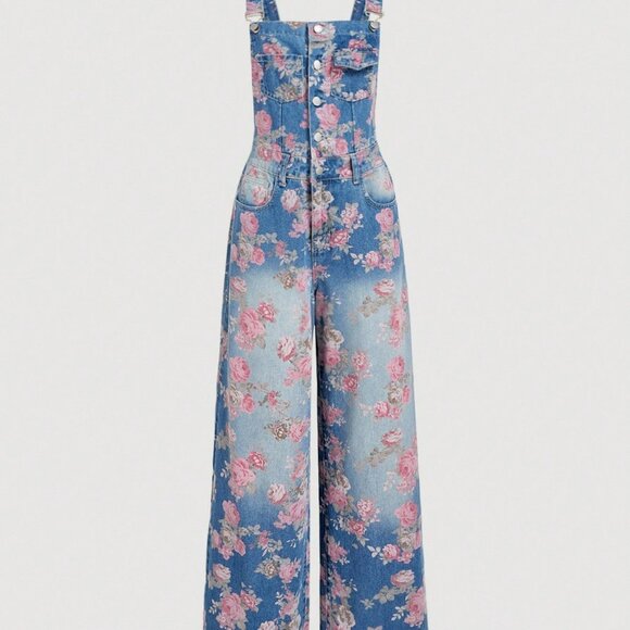 Denim - Medium Wash Boho Women's Floral Denim Jumpsuit